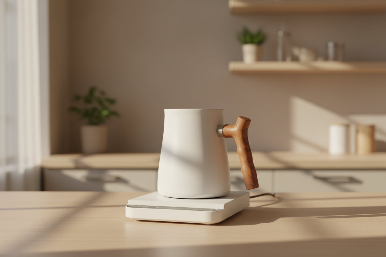 Tetera eléctrica portátil blanca con asa de madera y base de apoyo