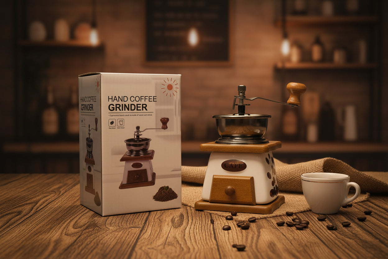 Moledor de café vintage cerámica blanca con caja Hand Coffee Grinder