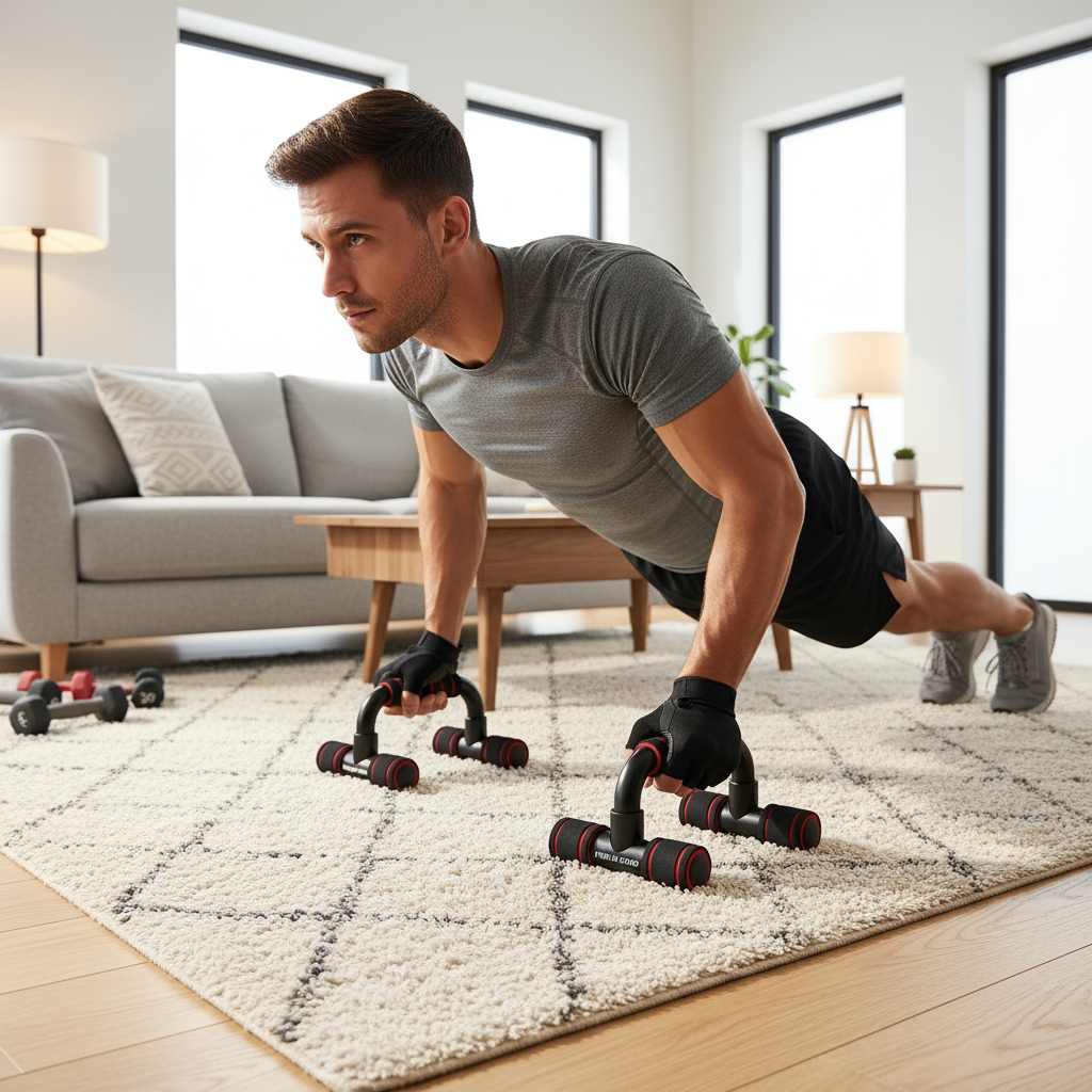 Soporte para flexiones con manijas negras y agarres acolchados con discos rojos