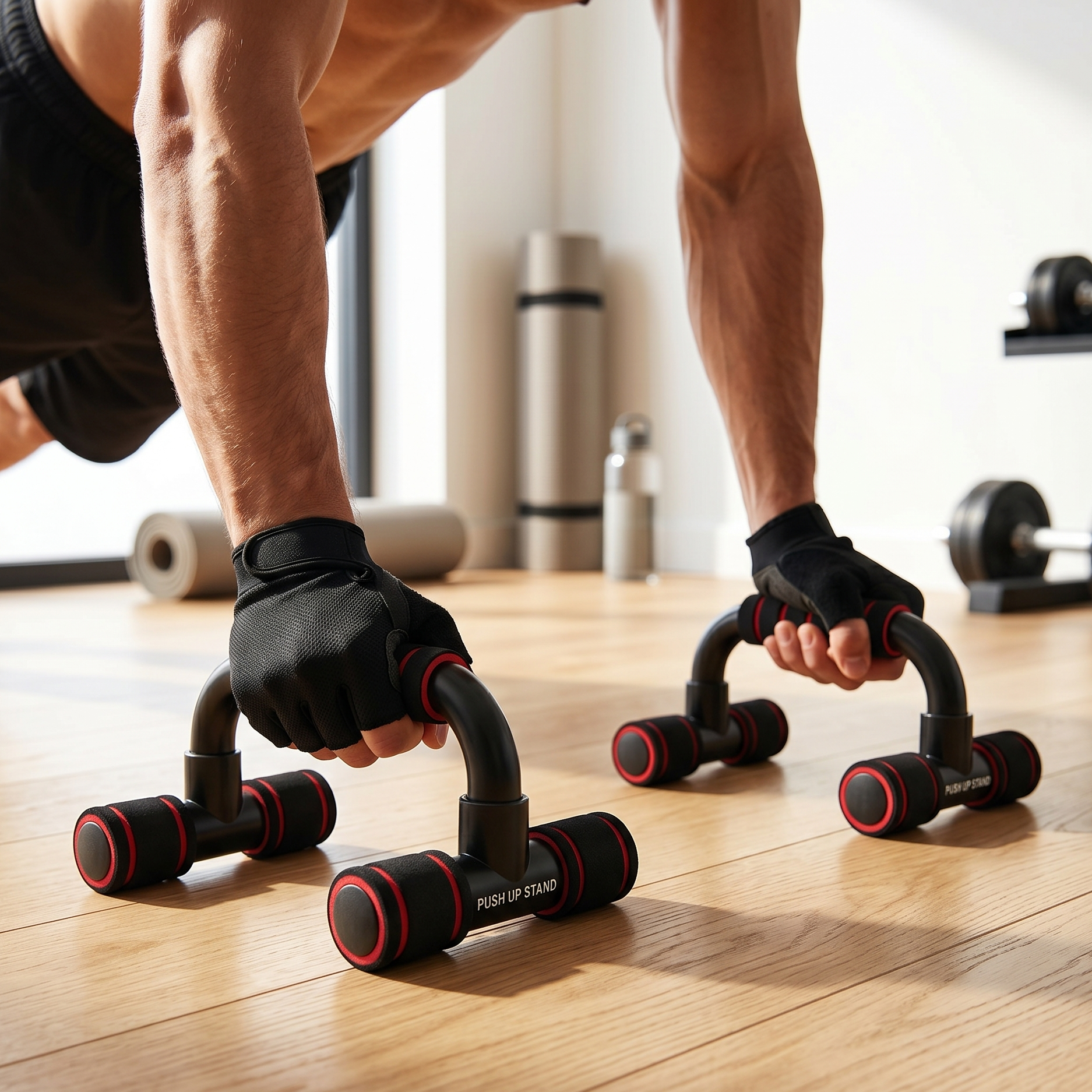Soporte para flexiones con manijas negras y almohadillas antideslizantes, asas rojas