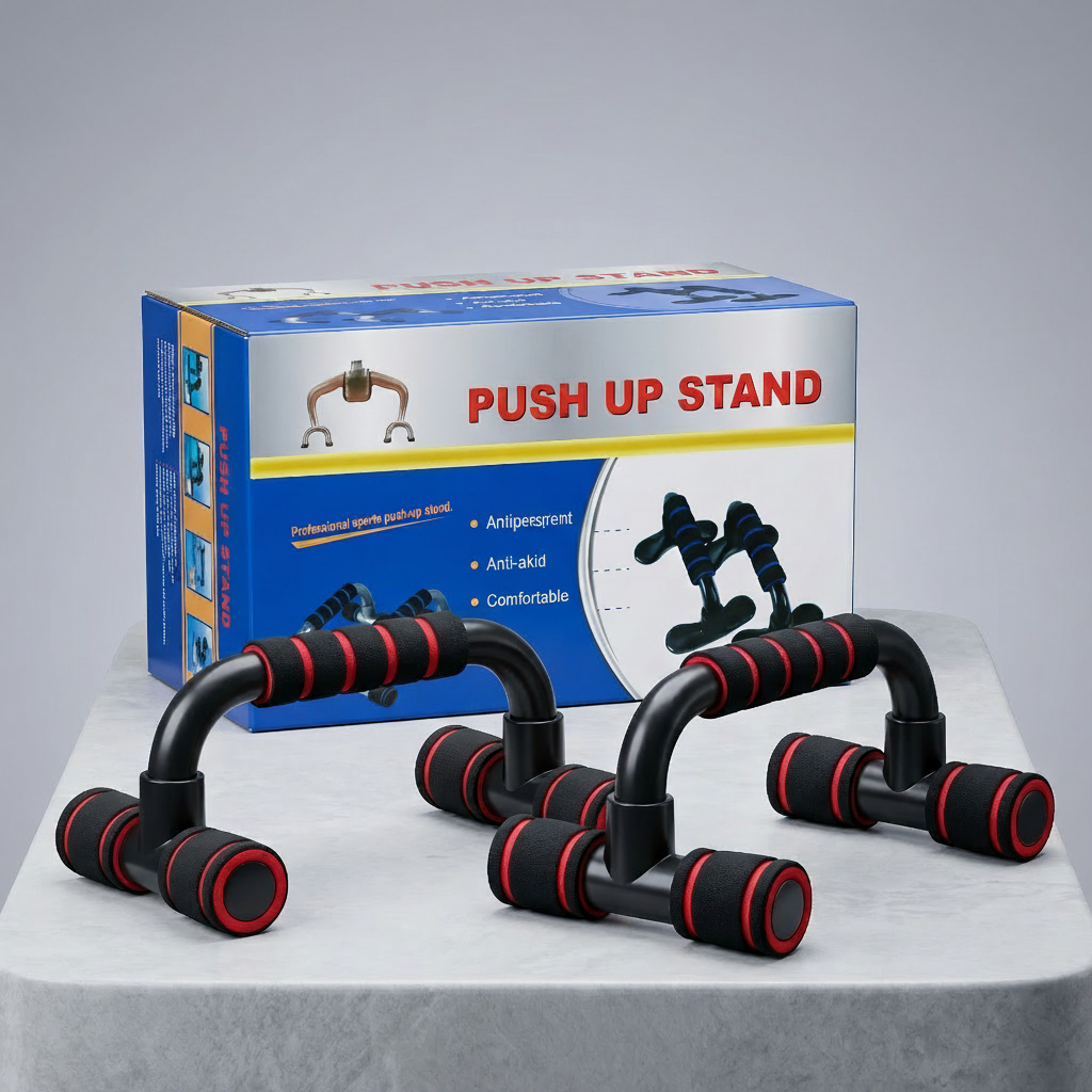 Soporte para flexiones con manijas negras y cojines rojos, presentado en caja