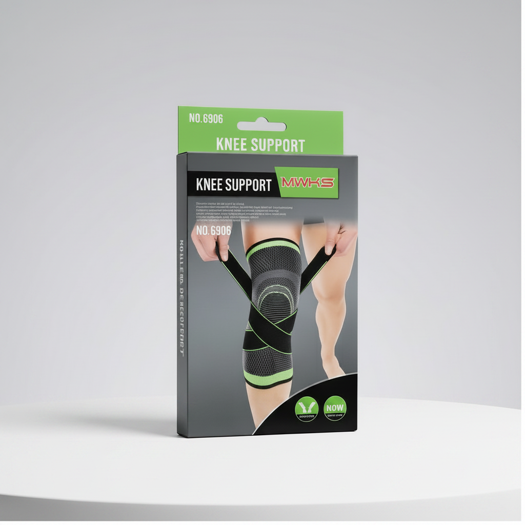 Rodillera de compresión 3D en caja, negra con detalles y costuras verdes.