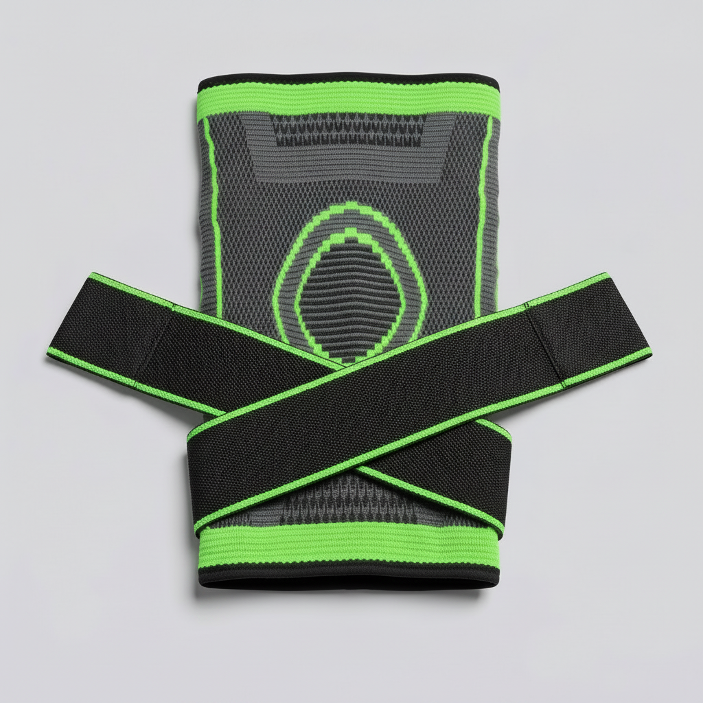 Rodillera de compresión 3D negra con correas cruzadas y borde verde.