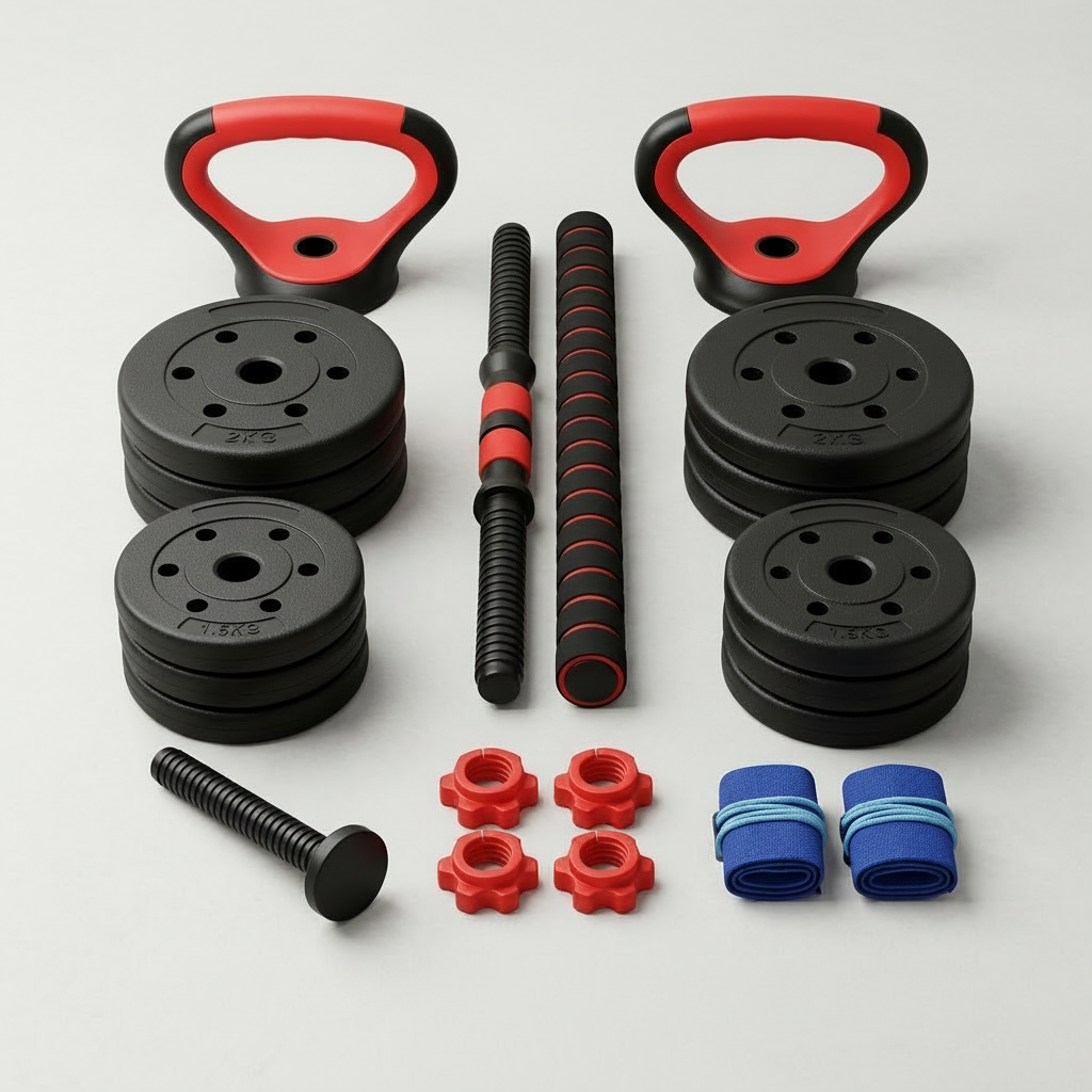 Kit de mancuernas ajustables: discos negros, barras estriadas, cierres rojos y correas azules