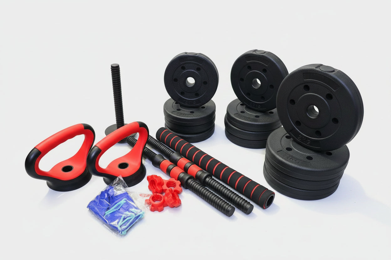 Kit de mancuernas ajustables: discos negros, barras rojas/negras y empuñaduras rojas