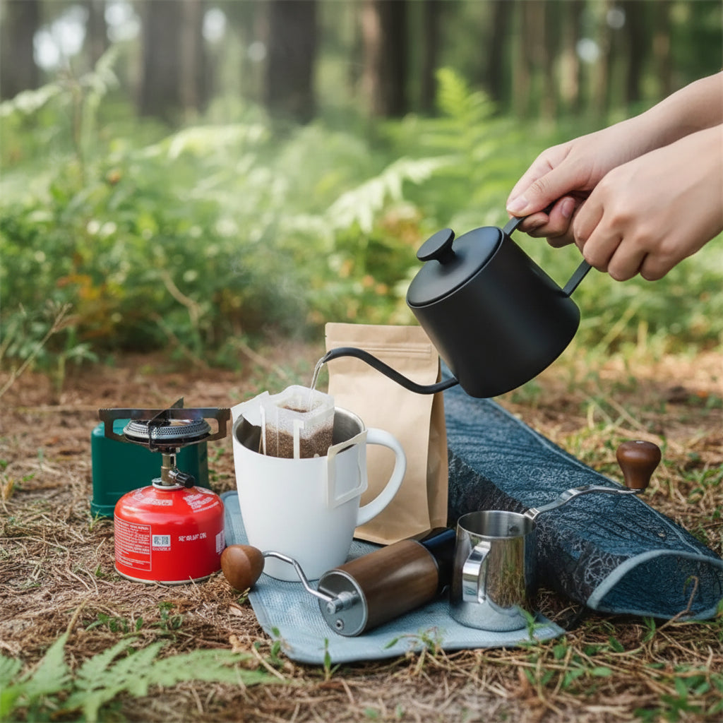 Drip de café portable en uso sobre taza blanca con tetera gooseneck vertiendo agua - escena camping al aire libre