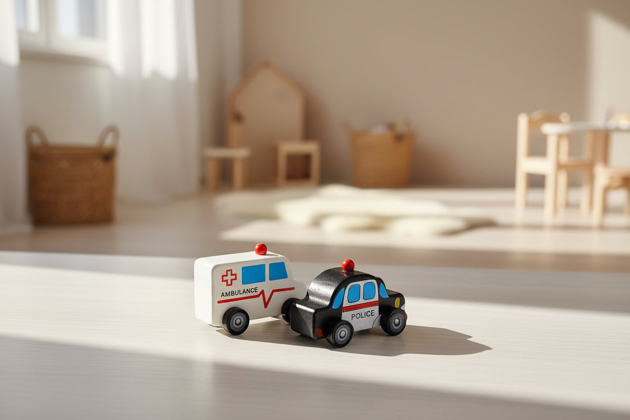 Carritos de Madera Mini City (8cm) - Policía, Ambulancia,...