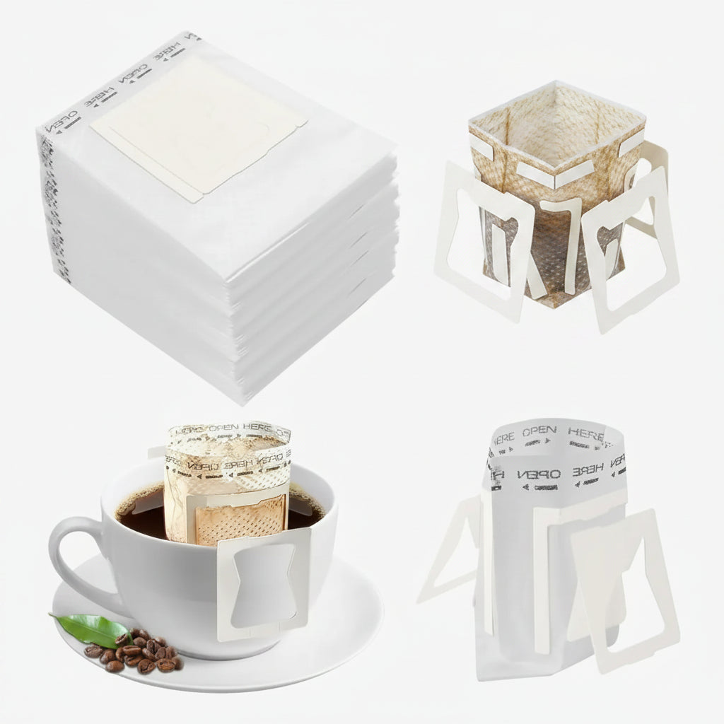 Set completo drips de café portables: paquete cerrado, drip abierto desplegado, drip en taza con extracción y drip listo para usar - vista cuadros múltiples