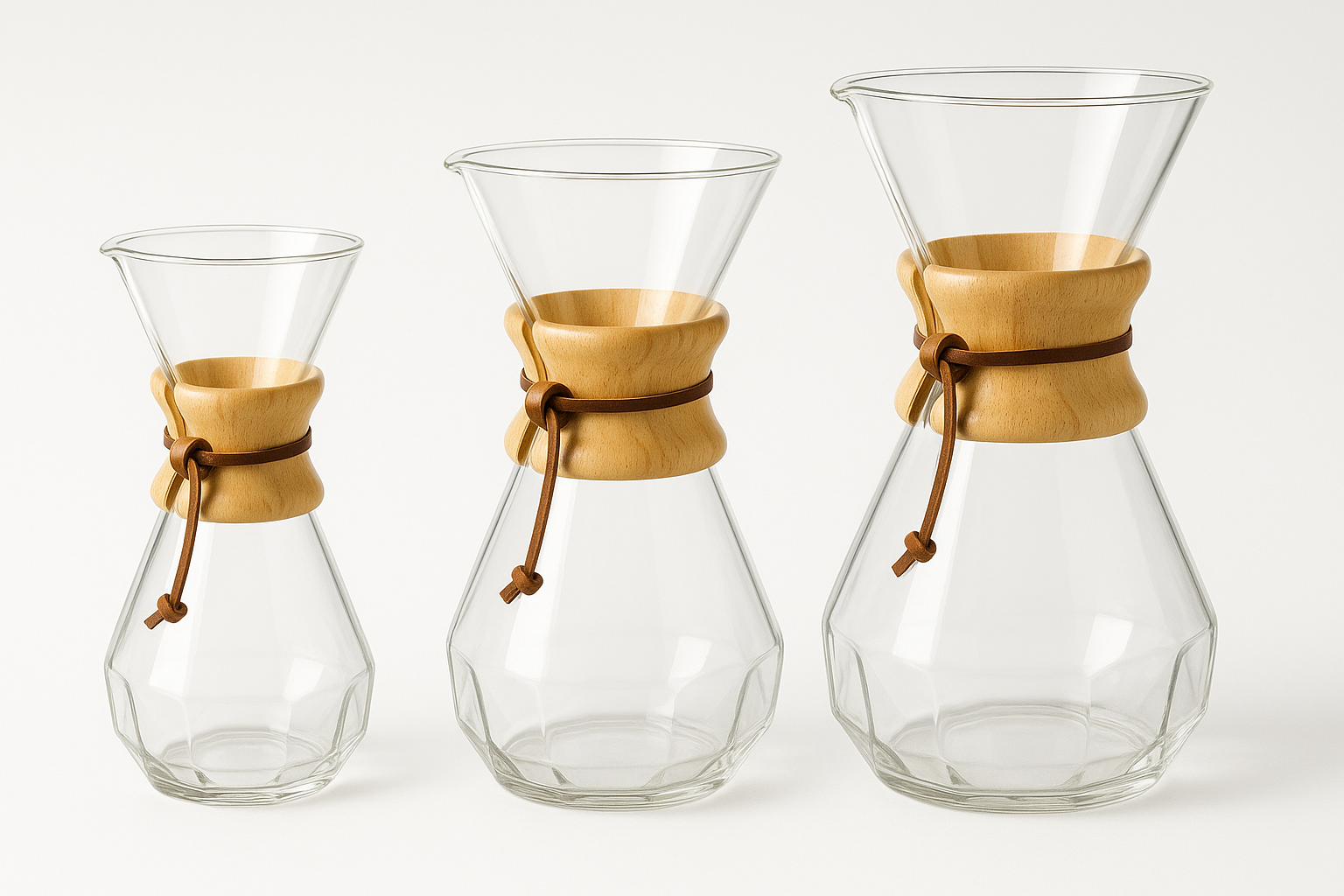 Fotografía de producto para e-commerce de tres cafeteras Chemex de vidrio con diseño clásico, base facetada y banda de madera clara con correa de cuero marrón. Mostrar tres tamaños: 400 ml, 600 ml y 1000 ml alineados de izquierda a derecha. Fondo blanco puro, iluminación suave y natural, sombras realistas y colores vivos. Estilo realista, alta definición, resolución 1500x1500 px.