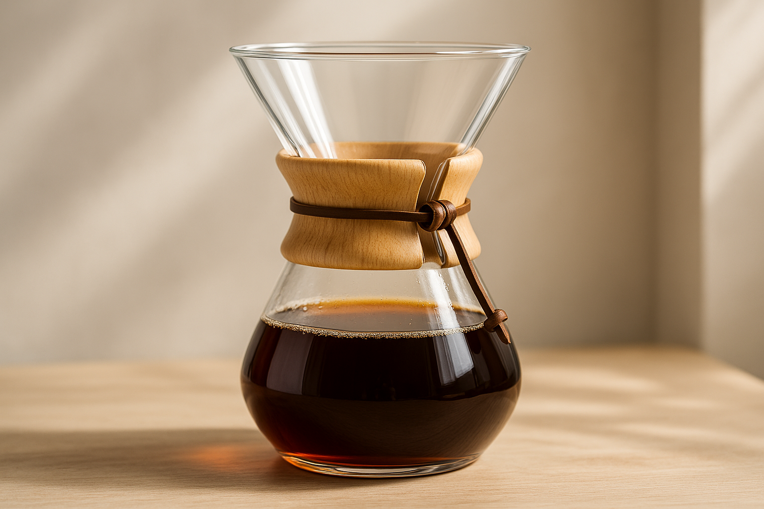 Fotografía de producto para e-commerce de una cafetera Chemex de vidrio con diseño clásico, base facetada y banda de madera clara con correa de cuero marrón que parezca que contiene cafe. Fondo ambientado, iluminación suave y natural, sombras realistas y colores vivos. Estilo realista, alta definición, resolución 1500x1500 px.