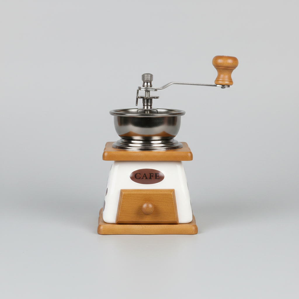 Moledor de café vintage cerámica blanca y madera - fotografía de catálogo fondo gris