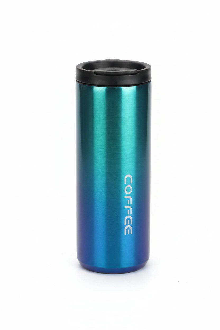 Termo Fashion Coffee azul-verde degradado aurora con tapa flip-top negra - fotografía catálogo fondo blanco