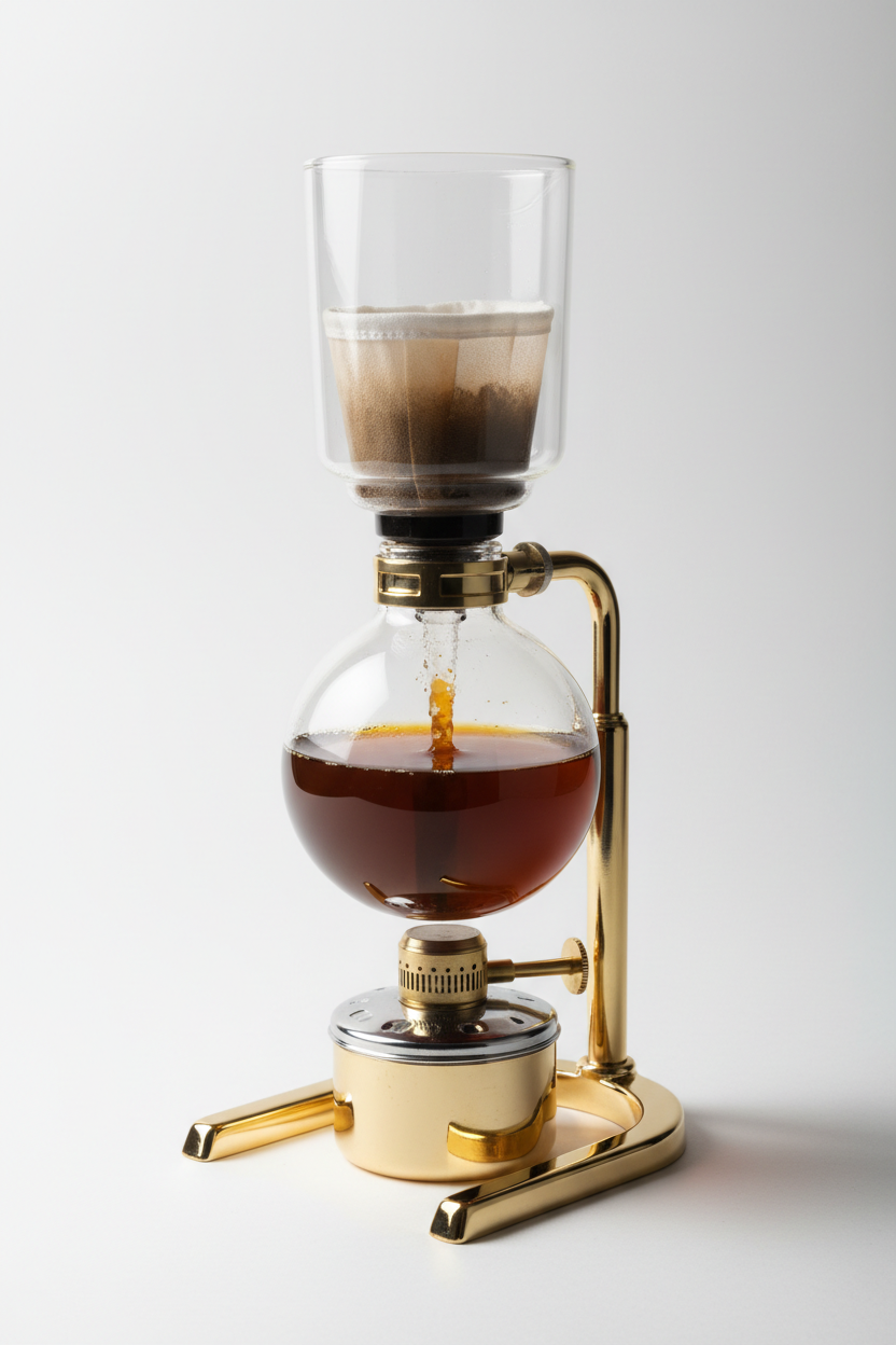 Sifón japonés de café de vidrio con base metálica dorada y tubo de extracción
