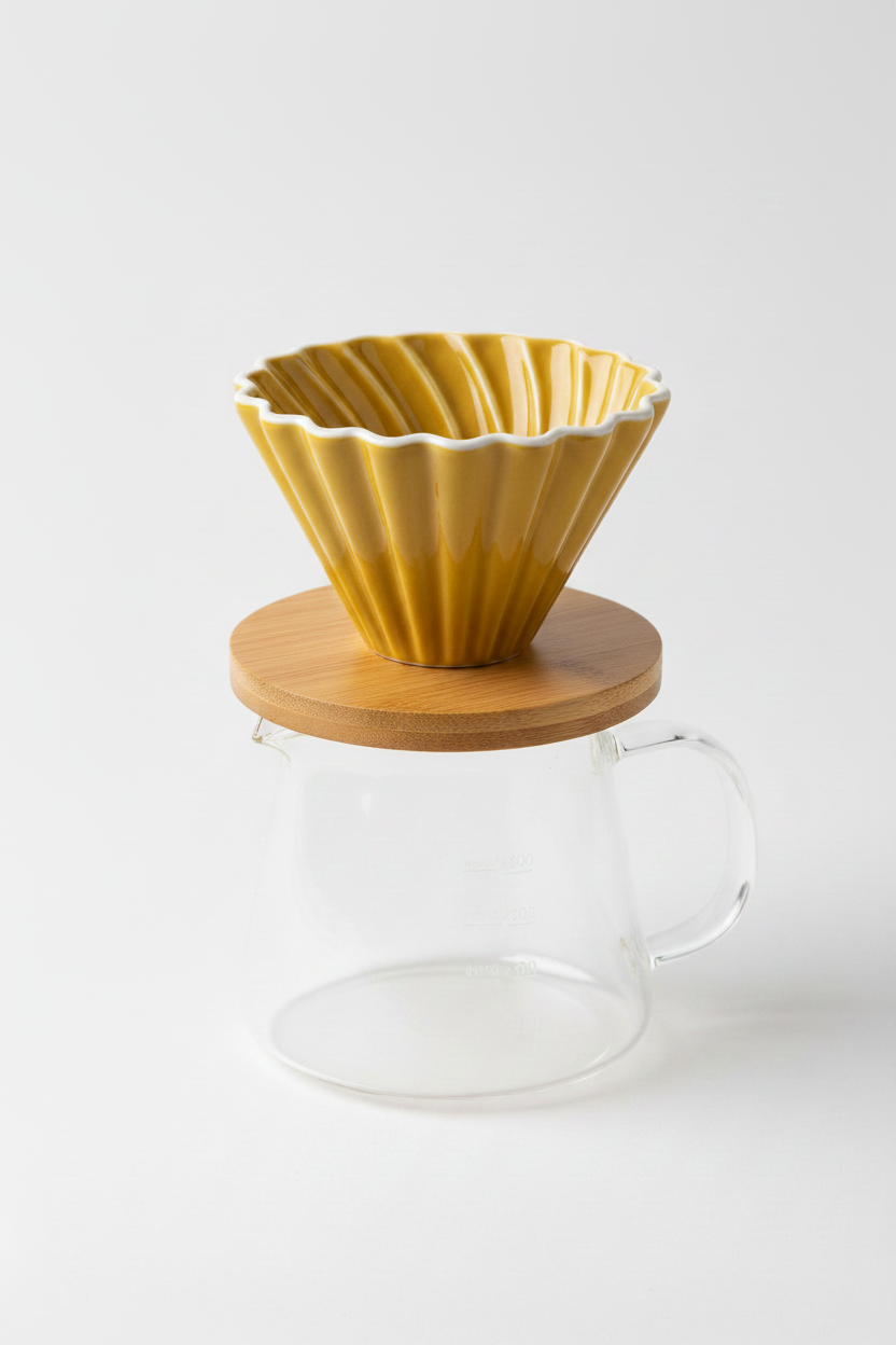 Dripper pour over origami cerámica amarillo mostaza con jarra vidrio y base bambú - fotografía catálogo fondo blanco