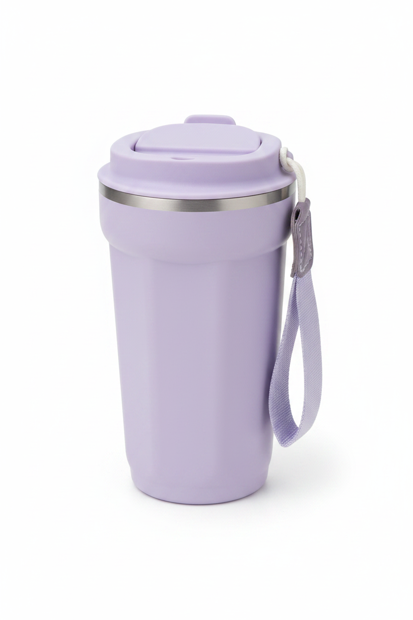 Vaso térmico lila pastel con tapa flip - fotografía de catálogo fondo blanco