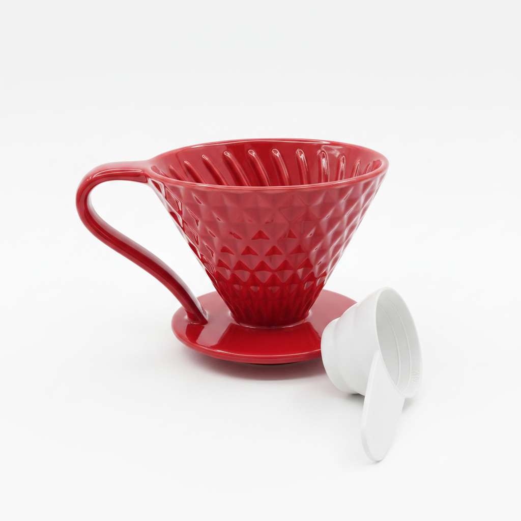 Dripper V60 cerámica rojo brillante textura diamante con cuchara medidora - fotografía catálogo fondo blanco