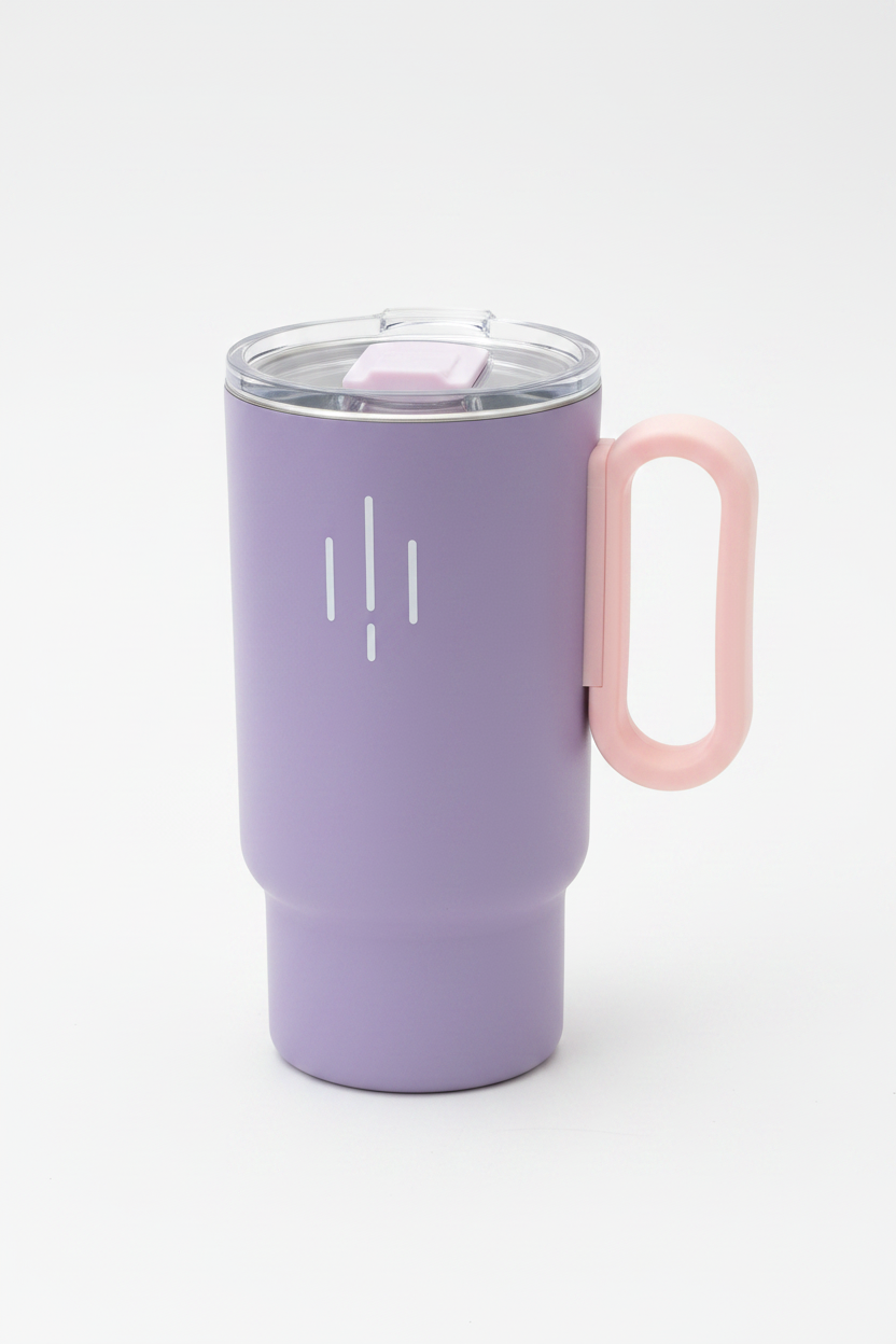 Termo tumbler isotérmico morado pastel con asa rosa y tapa acrílico transparente - fotografía catálogo fondo blanco
