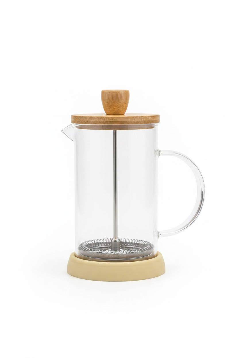 Prensa francesa eco bambú borosilicato con tapa madera y base silicona crema - fotografía catálogo fondo blanco