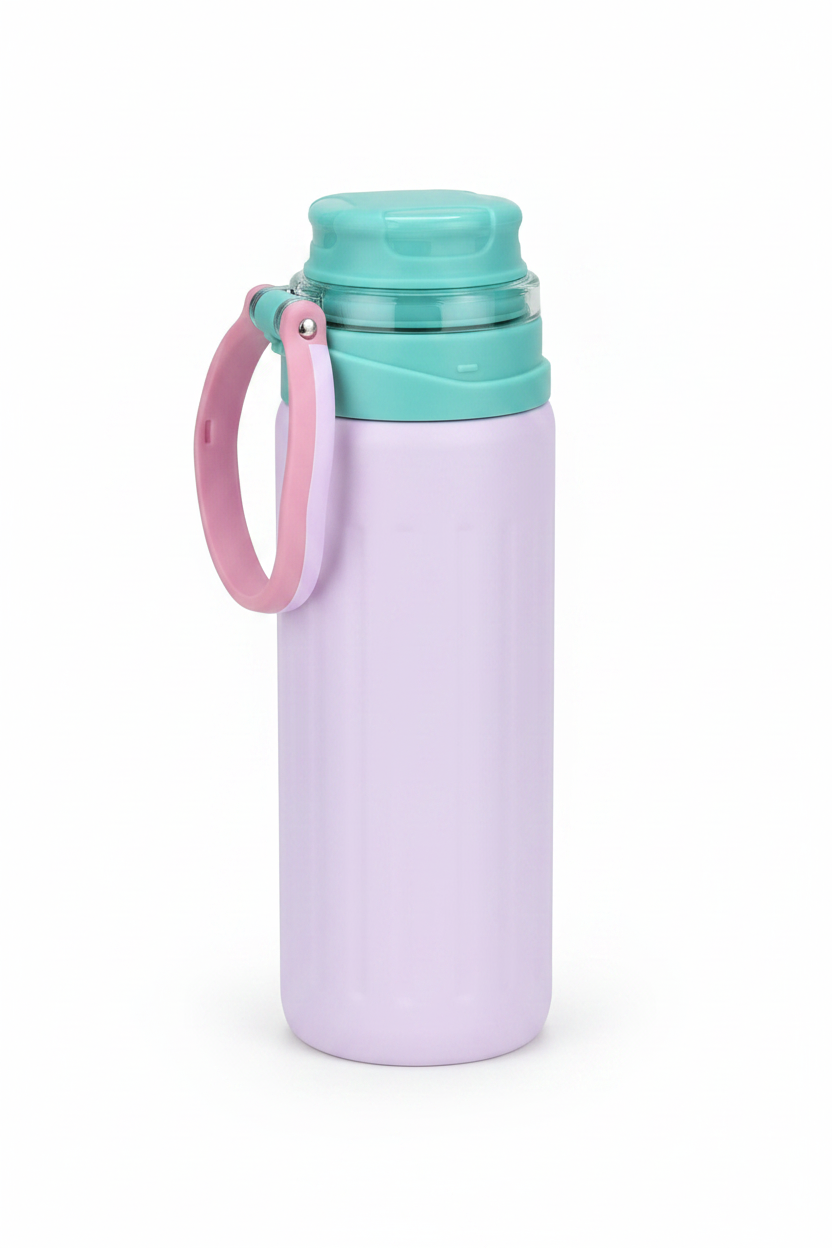 Botella térmica Handle lila con asa rosada - fotografía de catálogo fondo blanco