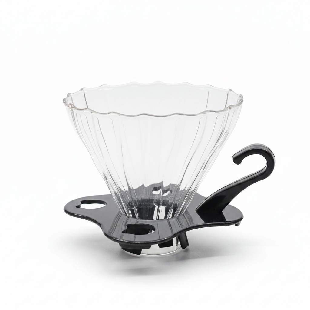 Dripper V60 vidrio borosilicato con base plástico negro mate - fotografía catálogo fondo blanco
