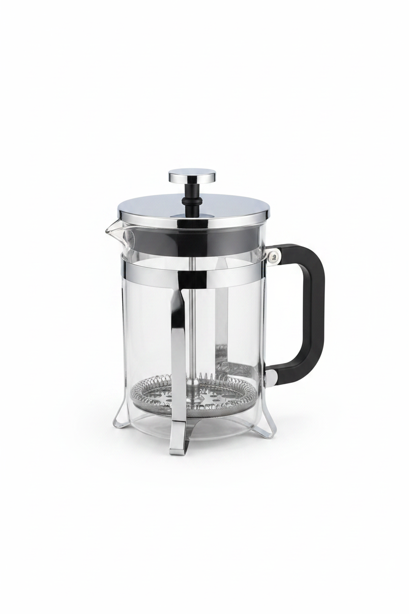 Prensa francesa de lujo vidrio borosilicato acero cromado - fotografía catálogo fondo blanco