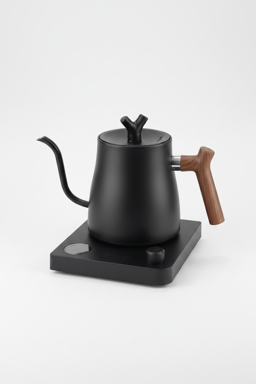 Tetera eléctrica gooseneck negra con mango de madera - fotografía de catálogo fondo blanco