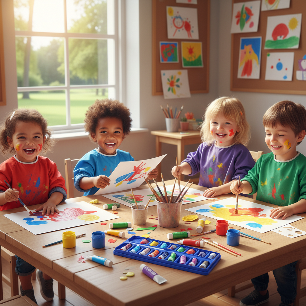 ni;os pintando con un set de arte infantil como el de la foto y felices