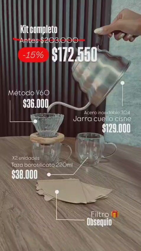 Kit Metodo V60 + Tetera + Vasos Borosilicato ||  Promo
