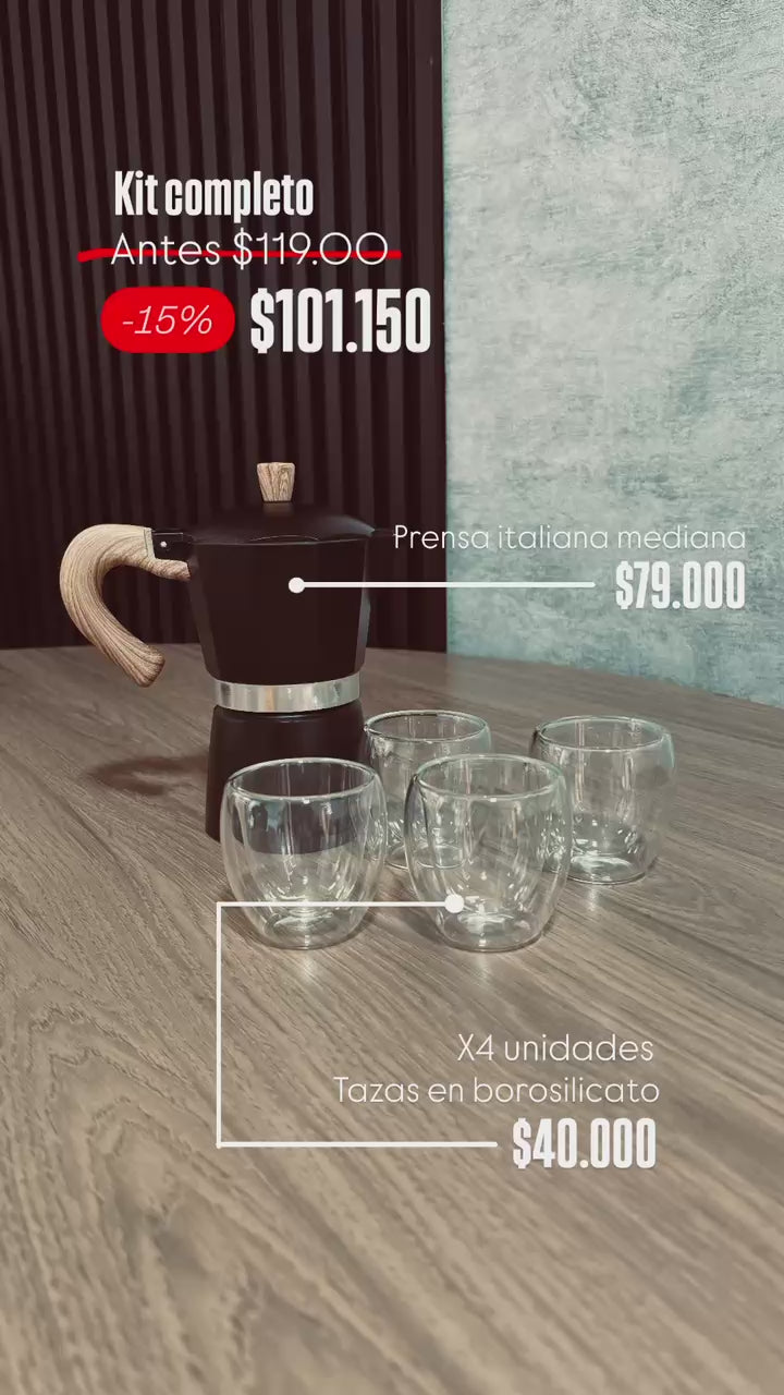 Kit Prensa Italiana + 4 Pocillos Tinteros – Café Intenso para Compartir