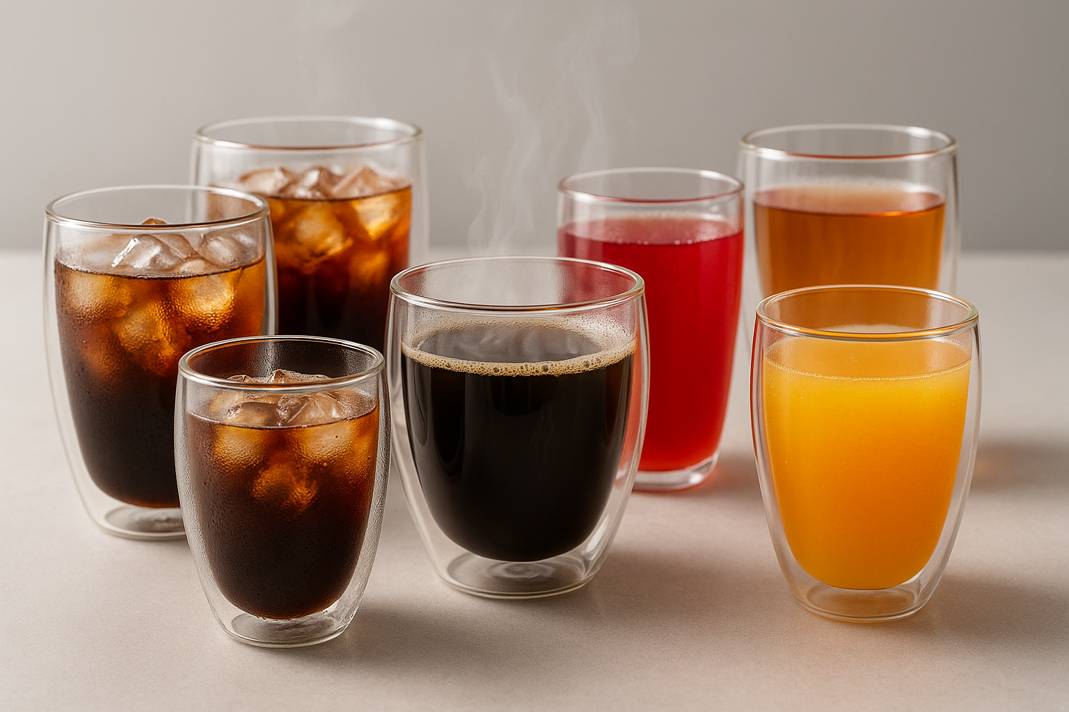 unos vasos de vidrio doble pared con varias bebidas servidas frias y calientes 